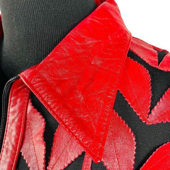 Natto Red Leather Leaf Jacket Blazer Sheer Mesh Classy Zip Front Soft Si… - Picture 5 of 10